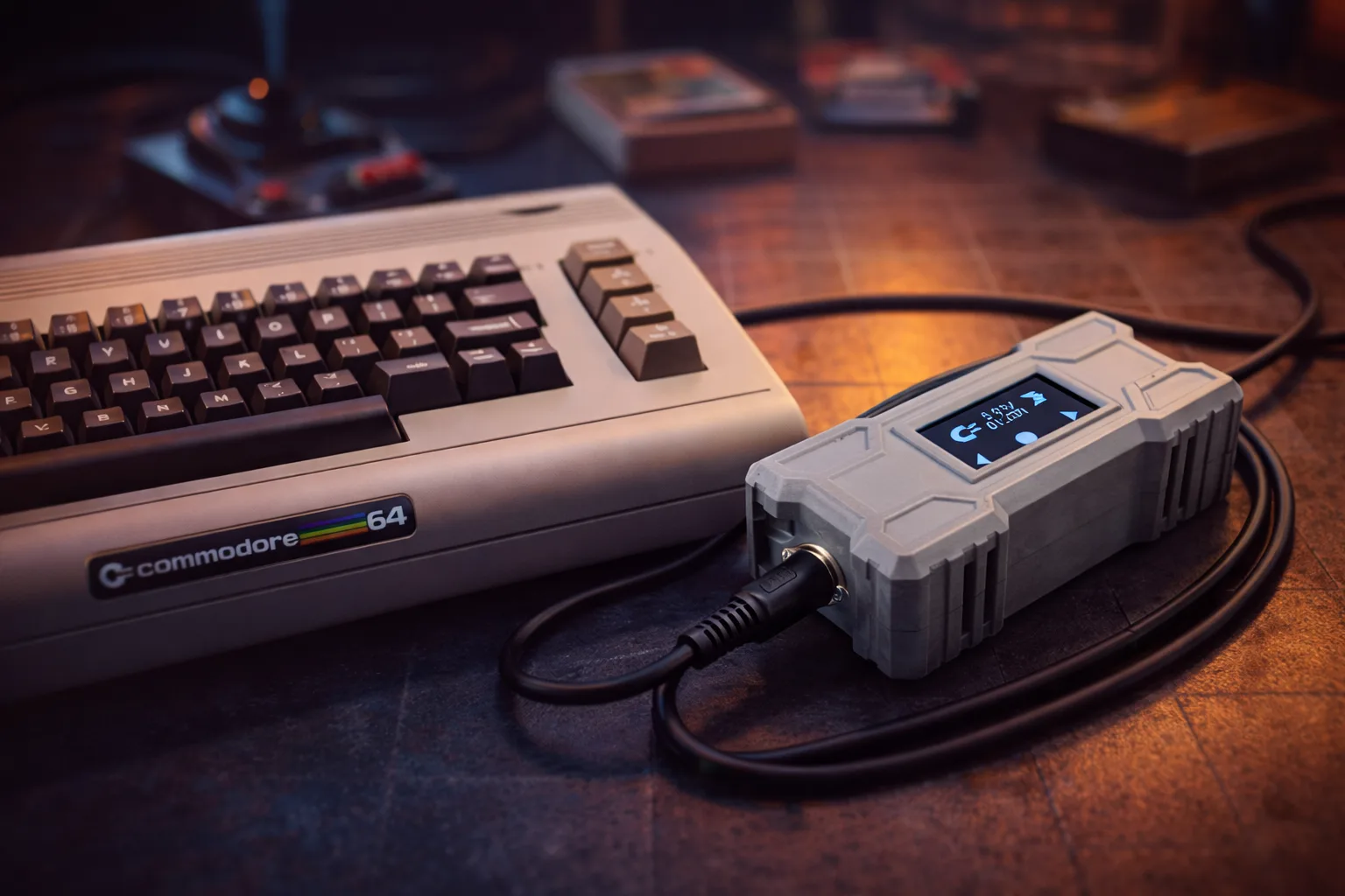 Commodore 64 with RetroPower PSU — OLED display showing live voltage